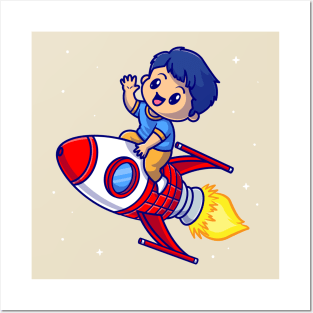 Cute Boy Riding Rocket In Space Cartoon Posters and Art